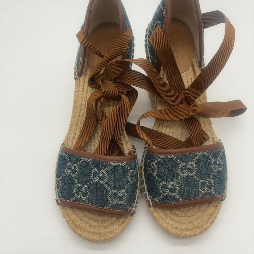 Gucci Denim Blue and Tan Espadrille Sandals - Picture 2 of 5